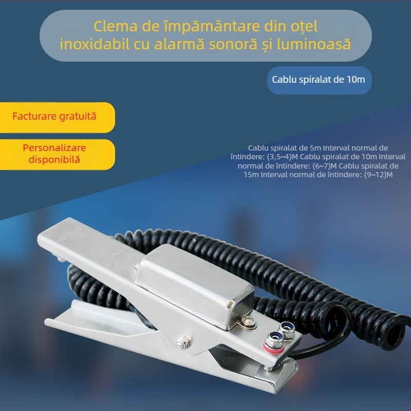 Clema de împământare electrostatică, din oțel inoxidabil 304, cu alarmă sonoră și vizuală