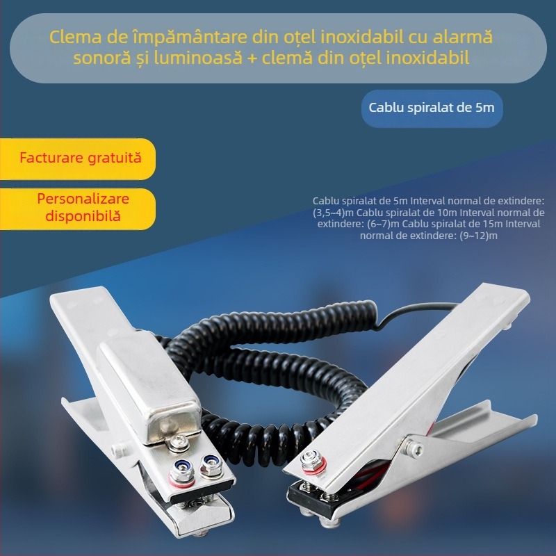 Clema de împământare electrostatică, din oțel inoxidabil 304, cu alarmă sonoră și vizuală