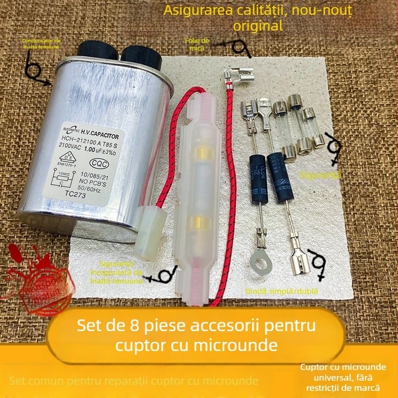 Set de accesorii pentru cuptor cu microunde: condensator de înaltă tensiune, siguranță de înaltă tensiune, diodă bidirecțională, foaie de mica, set de 8 piese
