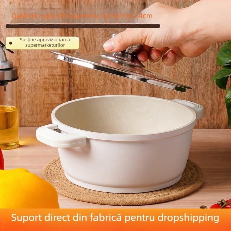 Beike Baodian oală de supă din aluminiu turnat, 24 cm, antiaderentă, cu mâneri duble, mâner îngroșat anti-arzire, vas de gătit multifuncțional