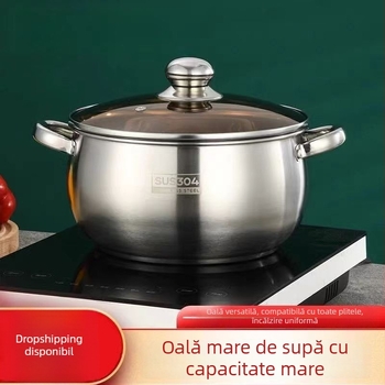 Set de vase din oțel inoxidabil, grosime, multifuncțional: oală de supă cu mâner dublu, oală de lapte cu mâner simplu, oală mică de gătit, vas aburi pentru terci și tăiței, oală pentru mere