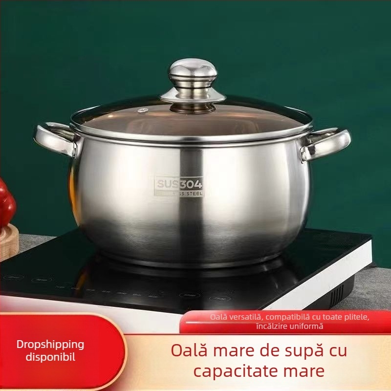 Set de vase din oțel inoxidabil, grosime, multifuncțional: oală de supă cu mâner dublu, oală de lapte cu mâner simplu, oală mică de gătit, vas aburi pentru terci și tăiței, oală pentru mere