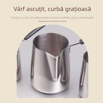 Cană pentru latte art din oțel inoxidabil 304, cu scară de măsurare, protecție împotriva arderii pentru lapte fierbinte, oală mică de lapte, design anti-vărsare