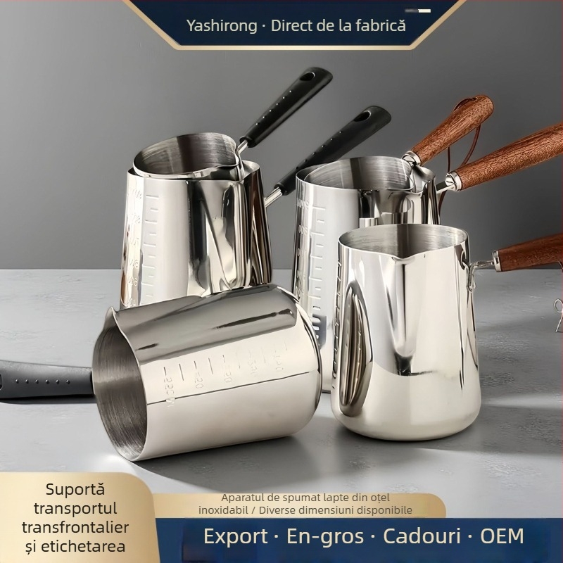 Cană pentru latte art din oțel inoxidabil 304, cu scară de măsurare, protecție împotriva arderii pentru lapte fierbinte, oală mică de lapte, design anti-vărsare