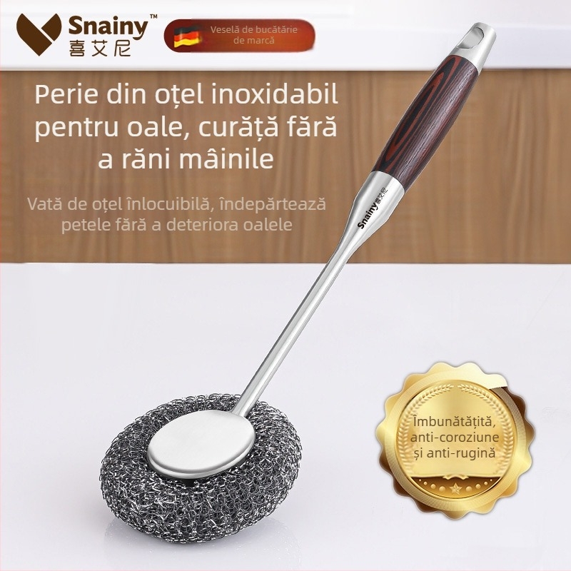 Perie de bucătărie din oțel inoxidabil cu mâner lung, nu zgârie oalele și nu lasă fibre
