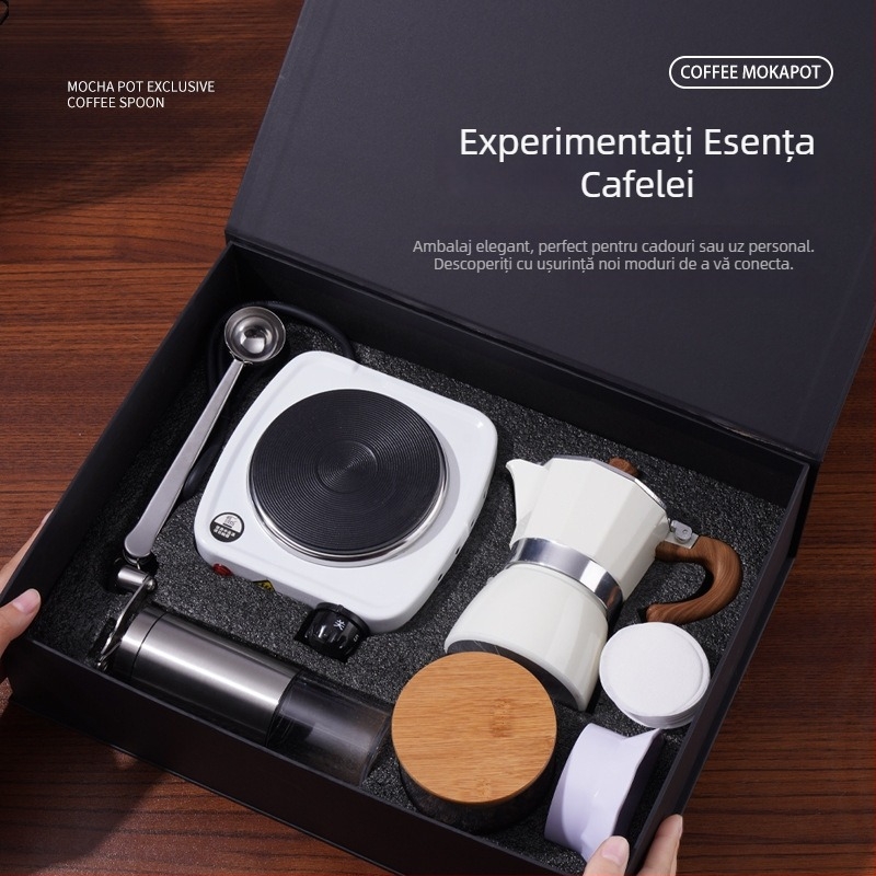 Set cadou cu ibric moka italian pentru prepararea espresso, accesorii cafea, cadou de afaceri pentru uz casnic
