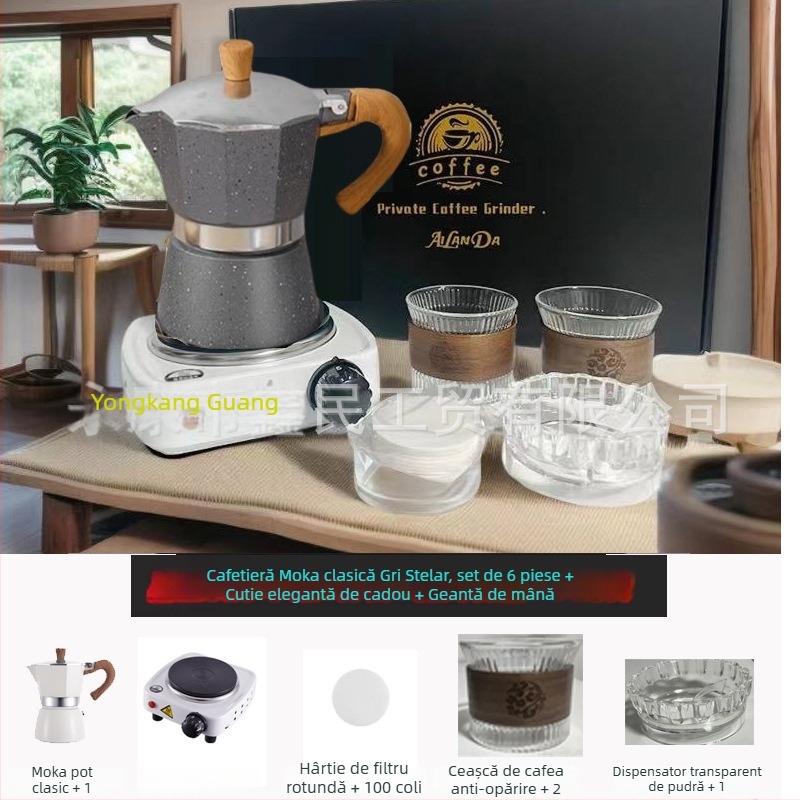 Set cadou cu ibric moka italian pentru prepararea espresso, accesorii cafea, cadou de afaceri pentru uz casnic