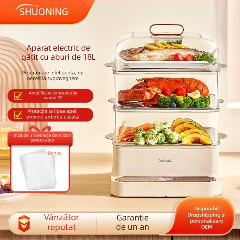 Vas de aburi electric, trei niveluri, multifuncțional, oprire automată, gătire rapidă inteligentă