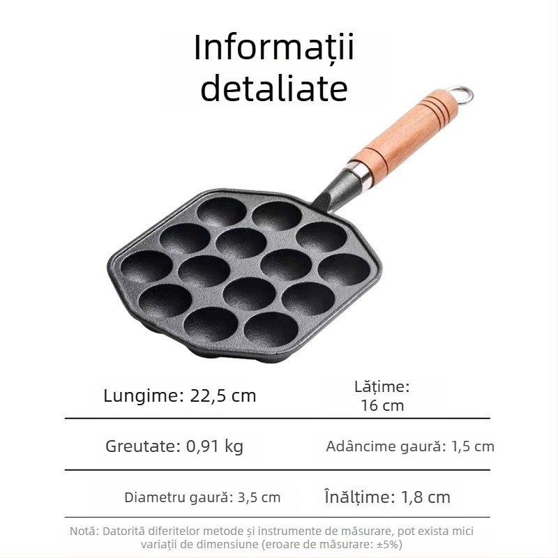 Tigaie Takoyaki din fontă pentru uz casnic, antiaderent, fără strat, pentru plită cu gaz, formă pentru ouă de prepeliță