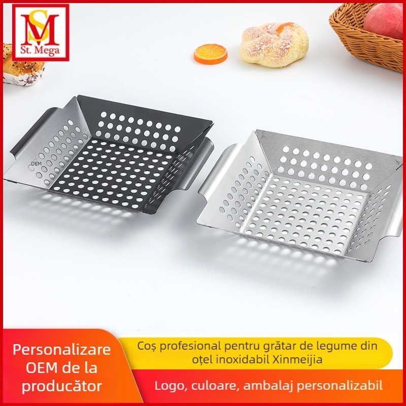 Set barbecue cu strat antiaderent: tavă din oțel carbon pentru exterior, coș pătrat din oțel inoxidabil și coș pentru legume la grătar