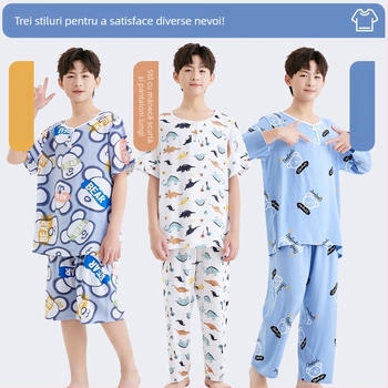 Set de pijamale din bumbac-satén pentru adolescenți, vară, croială lejeră, pentru băieți de liceu și gimnaziu, mărime plus, îmbrăcăminte de casă.