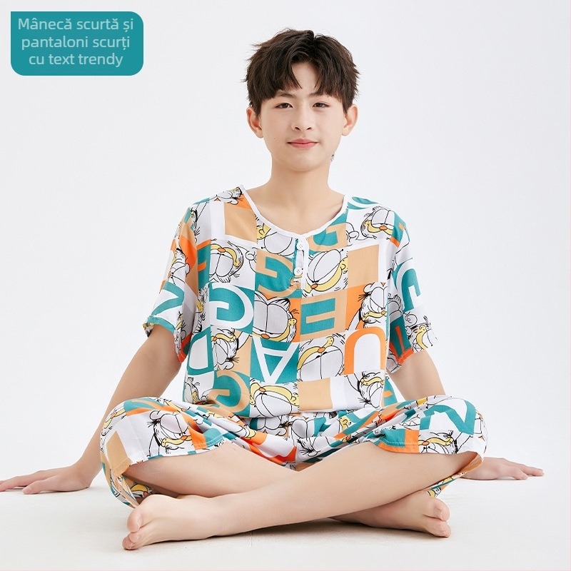 Set de pijamale din bumbac-satén pentru adolescenți, vară, croială lejeră, pentru băieți de liceu și gimnaziu, mărime plus, îmbrăcăminte de casă.