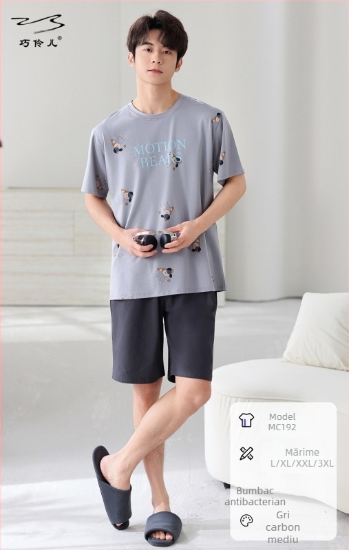 Set casual din bumbac pentru bărbați — tricou cu guler rotund și șorturi, confortabil și respirabil pentru casă și exterior
