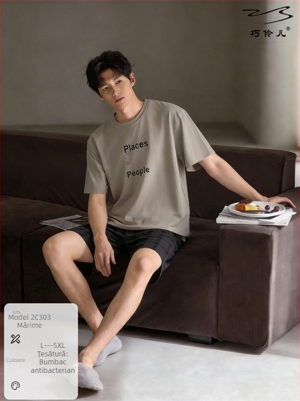 Set casual din bumbac pentru bărbați — tricou cu guler rotund și șorturi, confortabil și respirabil pentru casă și exterior