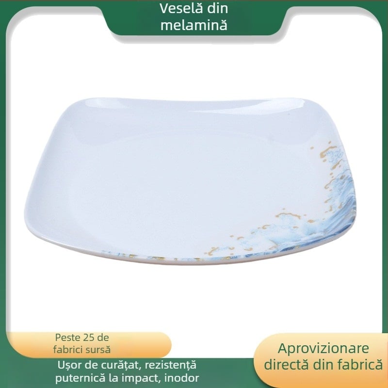 Farfurie pătrată din melamină, cu fund plat, pentru friptură, gustări și deserturi, stil ușor luxos