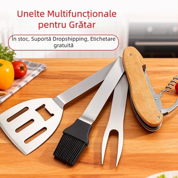 Set BBQ 4 în 1 cu clemă, perie, furculiță și lopățică - oțel inoxidabil, kit portabil pentru exterior