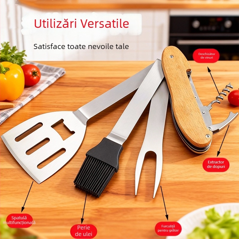 Set BBQ 4 în 1 cu clemă, perie, furculiță și lopățică - oțel inoxidabil, kit portabil pentru exterior