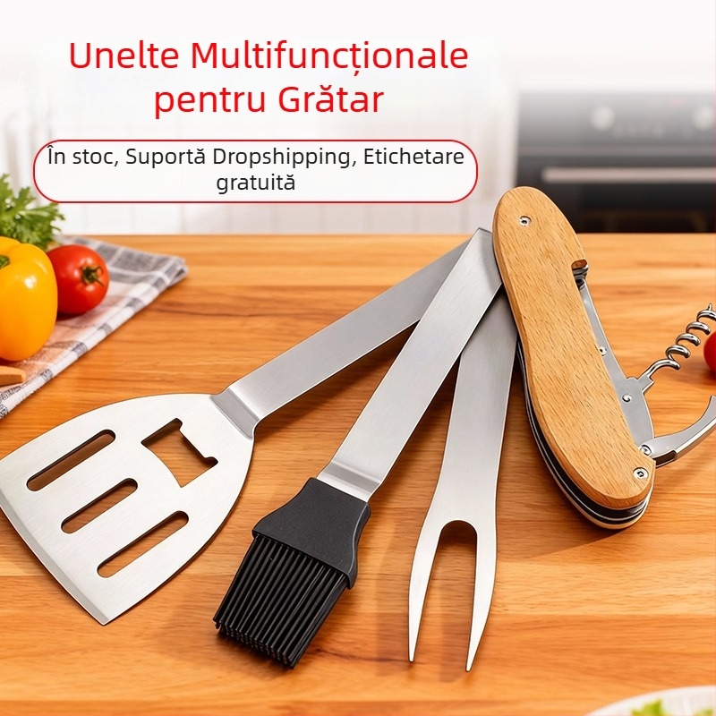 Set BBQ 4 în 1 cu clemă, perie, furculiță și lopățică - oțel inoxidabil, kit portabil pentru exterior