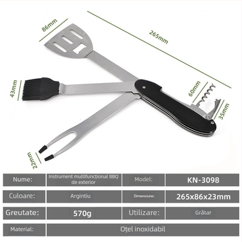 Set multifuncțional de grătar pliabil pentru picnicuri în aer liber - furci, spatule, perie de curățare și unelte din oțel inoxidabil