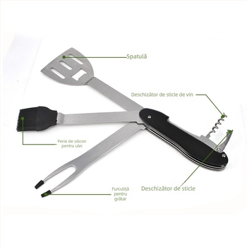 Set multifuncțional de grătar pliabil pentru picnicuri în aer liber - furci, spatule, perie de curățare și unelte din oțel inoxidabil