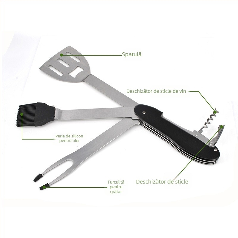 Set multifuncțional de grătar pliabil pentru picnicuri în aer liber - furci, spatule, perie de curățare și unelte din oțel inoxidabil