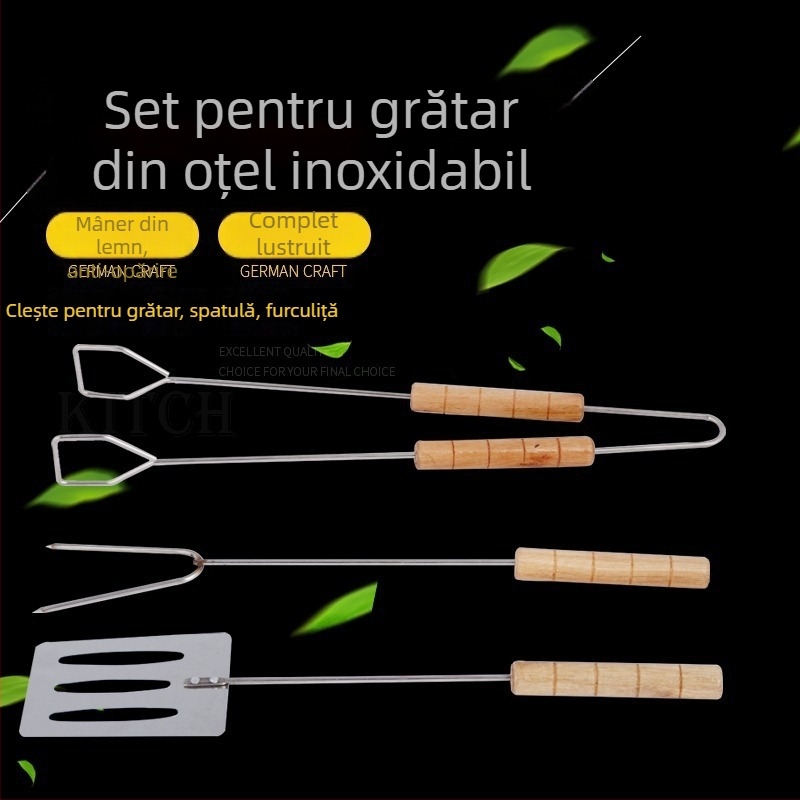 Dongsheng set barbecue din oțel inoxidabil, 3 piese – lopățică, clește și frigărui pentru grătar exterior