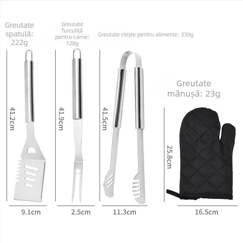 Set de 6 ustensile pentru grătar în aer liber, cu șorț și mâner tubular