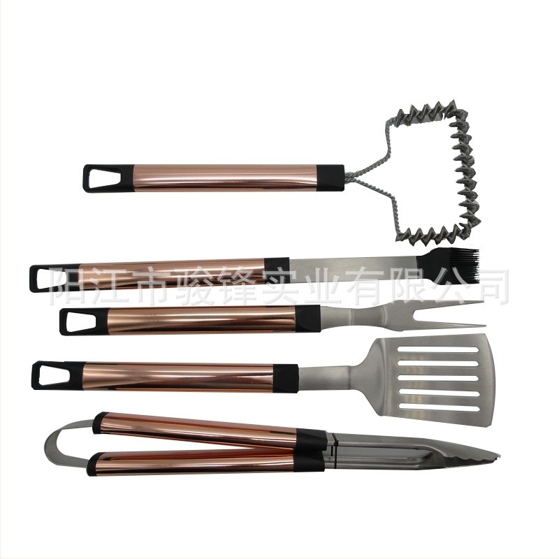 Set de unelte pentru grătar din oțel inoxidabil cu mâner auriu, 5 piese – cuțit, clește, perie, furcă și spatulă