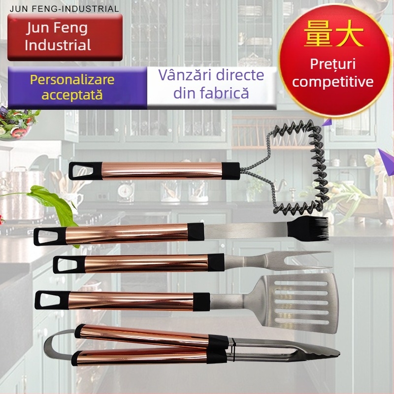 Set de unelte pentru grătar din oțel inoxidabil cu mâner auriu, 5 piese – cuțit, clește, perie, furcă și spatulă