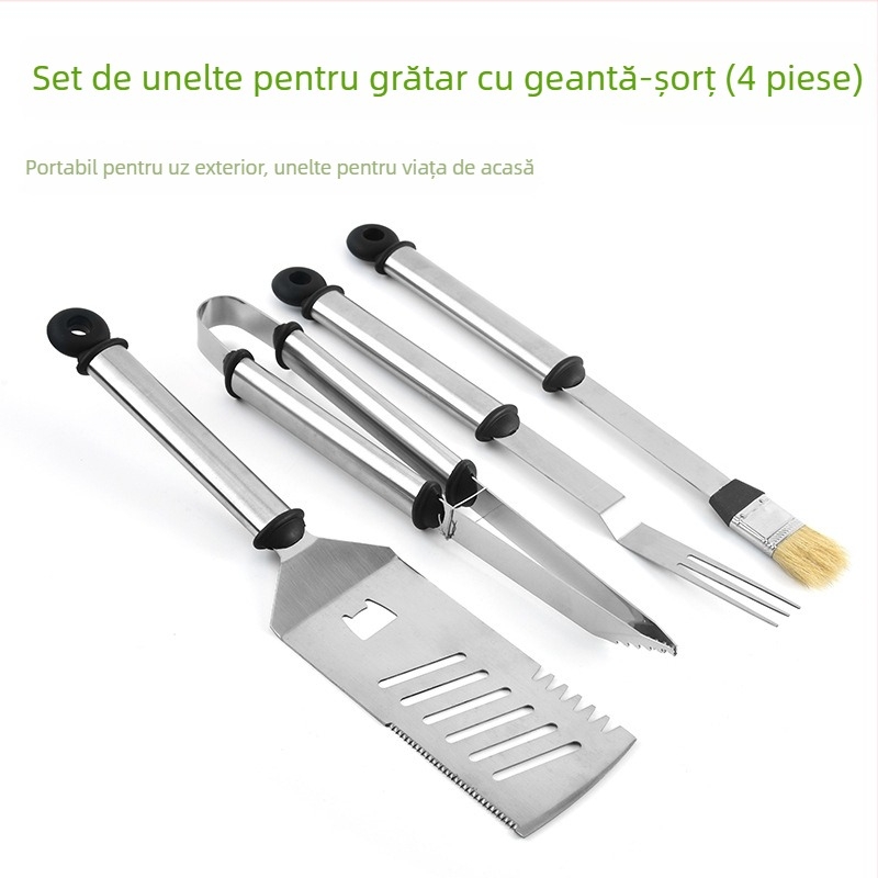 Set portabil pentru grătar în exterior, 4 piese: șorț cu buzunar, perie, spatulă și furculiță