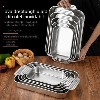 Tavă dreptunghiulară din oțel inoxidabil cu mânere, bază plată, pentru pește la grătar, platou de fructe de mare, farfurie pentru hot pot, tavă de masă
