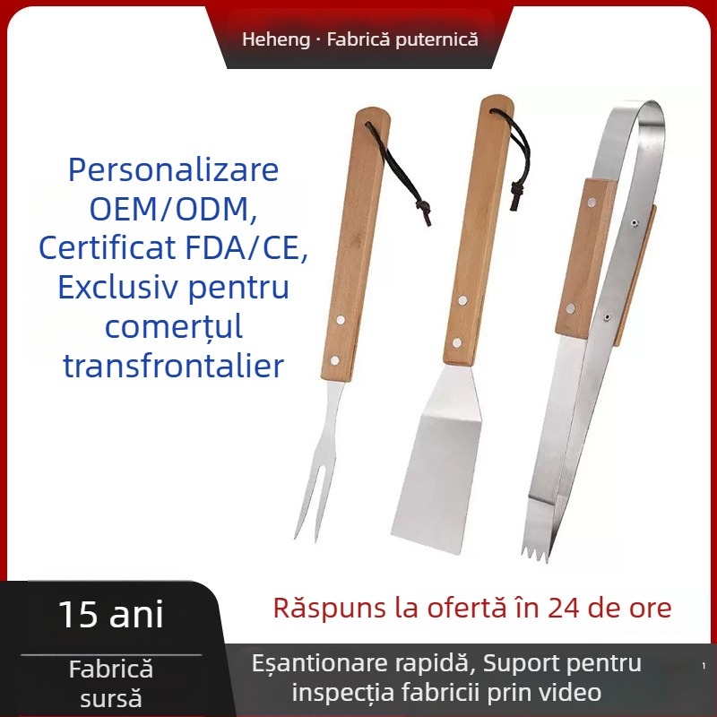 Set personalizat de unelte pentru camping în aer liber pentru grătar, din trei piese, cu mâner din lemn: furculiță pentru grătar, spatulă pentru prăjit și clește, din oțel inoxidabil, pentru uz casnic