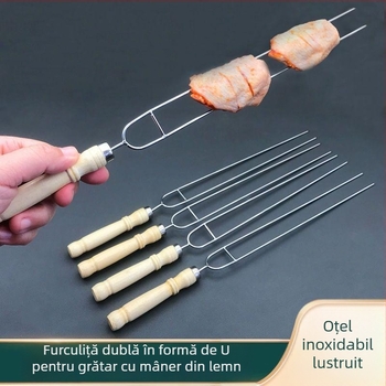 Furculiță de grătar din oțel inoxidabil cu mâner din lemn, furcă în formă de U pentru aripioare de pui, frigărui pentru pui
