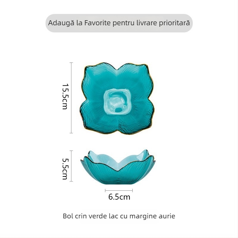 Bol din sticlă cu margine aurie, formă de petale de crin, margine în formă de coadă de pește, sticlă ambră cu model de copac, potrivit pentru fructe și salate în living.