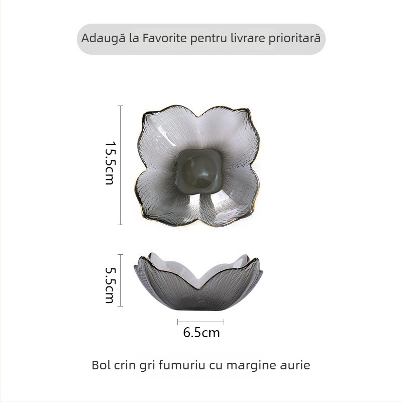 Bol din sticlă cu margine aurie, formă de petale de crin, margine în formă de coadă de pește, sticlă ambră cu model de copac, potrivit pentru fructe și salate în living.