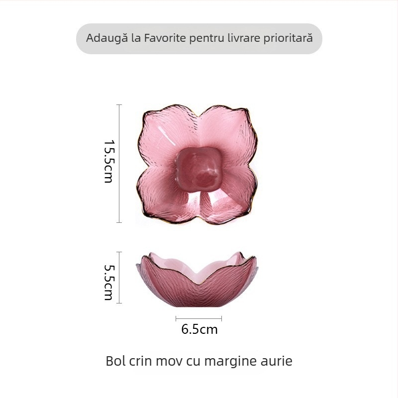 Bol din sticlă cu margine aurie, formă de petale de crin, margine în formă de coadă de pește, sticlă ambră cu model de copac, potrivit pentru fructe și salate în living.
