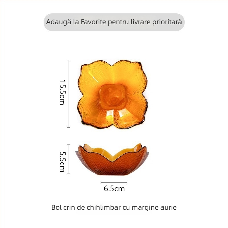Bol din sticlă cu margine aurie, formă de petale de crin, margine în formă de coadă de pește, sticlă ambră cu model de copac, potrivit pentru fructe și salate în living.