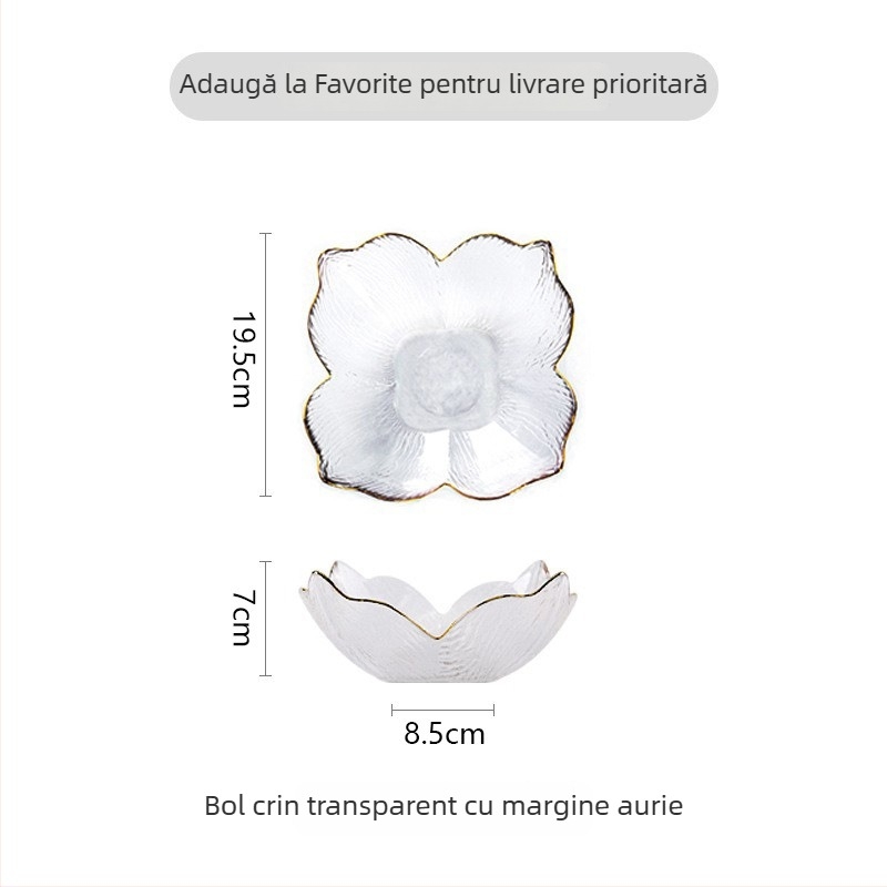 Bol din sticlă cu margine aurie, formă de petale de crin, margine în formă de coadă de pește, sticlă ambră cu model de copac, potrivit pentru fructe și salate în living.