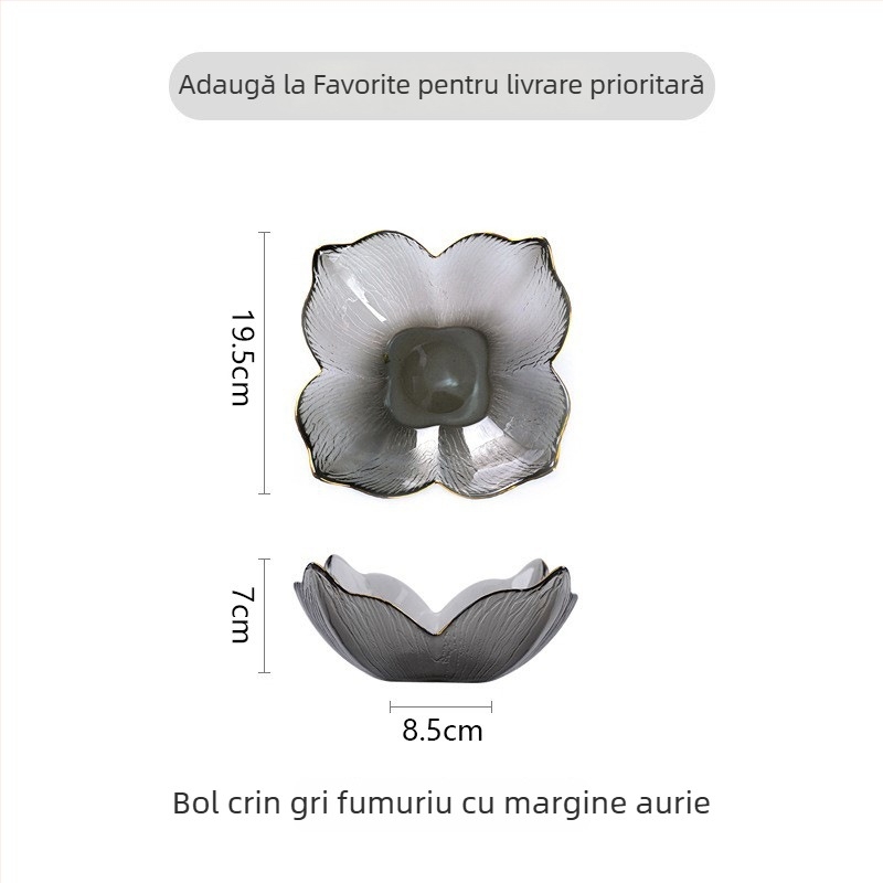 Bol din sticlă cu margine aurie, formă de petale de crin, margine în formă de coadă de pește, sticlă ambră cu model de copac, potrivit pentru fructe și salate în living.