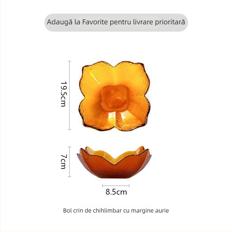 Bol din sticlă cu margine aurie, formă de petale de crin, margine în formă de coadă de pește, sticlă ambră cu model de copac, potrivit pentru fructe și salate în living.