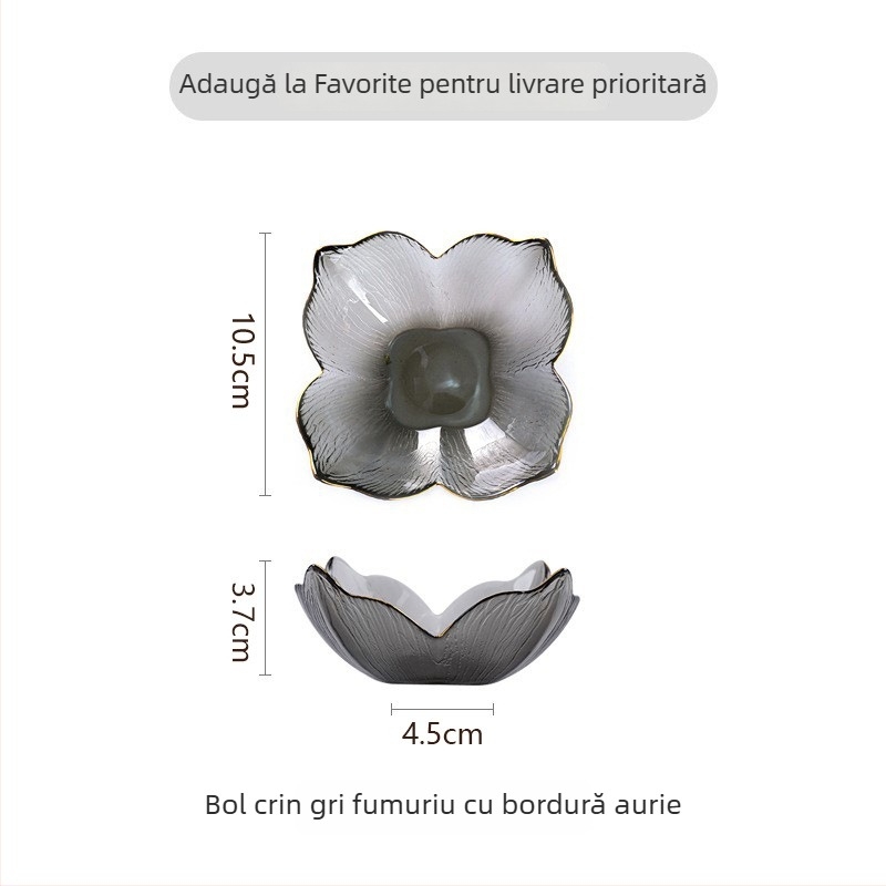 Bol din sticlă cu margine aurie, formă de petale de crin, margine în formă de coadă de pește, sticlă ambră cu model de copac, potrivit pentru fructe și salate în living.