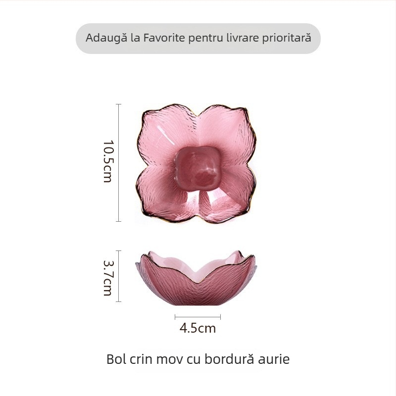 Bol din sticlă cu margine aurie, formă de petale de crin, margine în formă de coadă de pește, sticlă ambră cu model de copac, potrivit pentru fructe și salate în living.