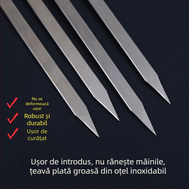Frigărui din oțel inoxidabil pentru grătar, cu mâner din lemn, frigărui plate late pentru miel