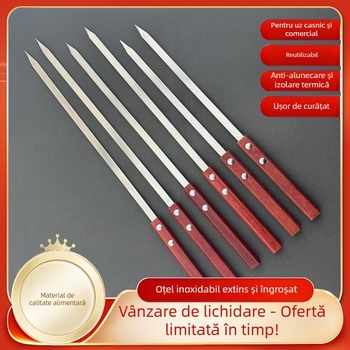 Bețe personalizate pentru grătar cu mâner din lemn, bețe plate din oțel inoxidabil, bețe mari pentru frigărui de miel