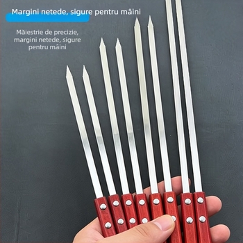Bețe personalizate pentru grătar cu mâner din lemn, bețe plate din oțel inoxidabil, bețe mari pentru frigărui de miel