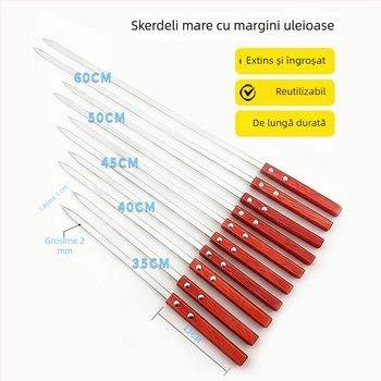 Bețe personalizate pentru grătar cu mâner din lemn, bețe plate din oțel inoxidabil, bețe mari pentru frigărui de miel