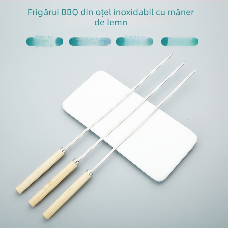  frigărui plate din oțel inoxidabil cu mâner din lemn pentru grătar