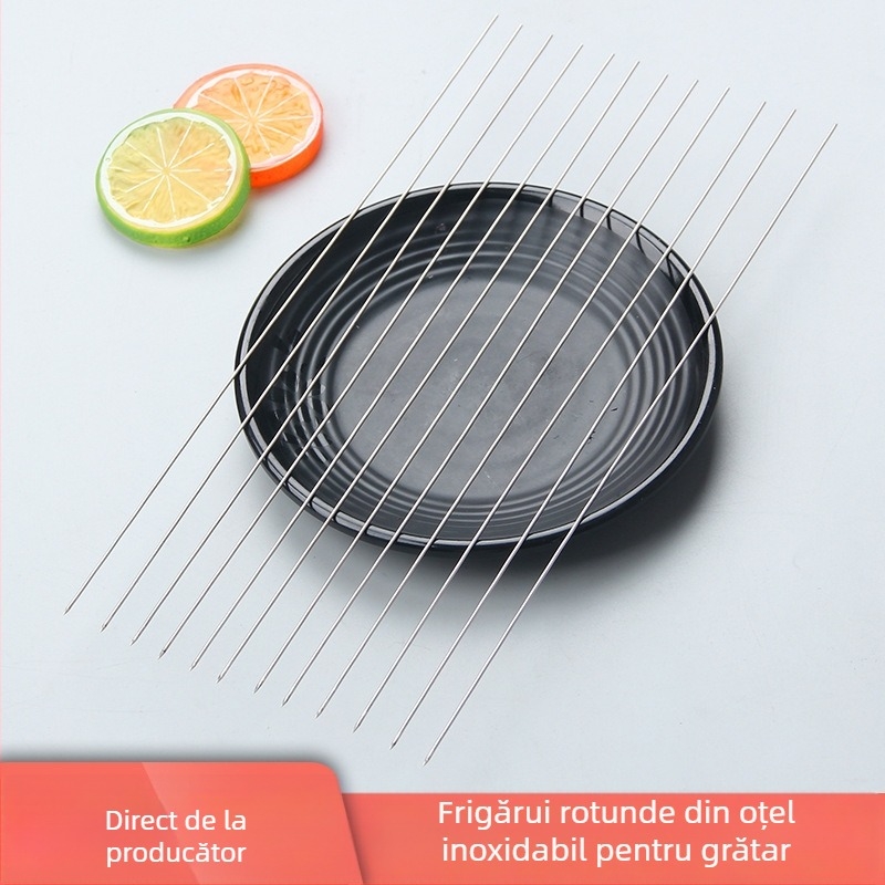 Bețișoare de grătar din oțel inoxidabil, rotunde, de unică folosință, cu mâner din lemn