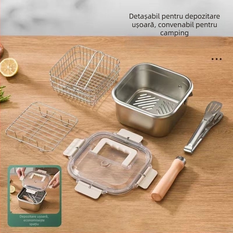 Tigaie pătrată din oțel inoxidabil, vas pentru lapte și paste, vas portabil pentru tempura, ustensilă de bucătărie multifuncțională