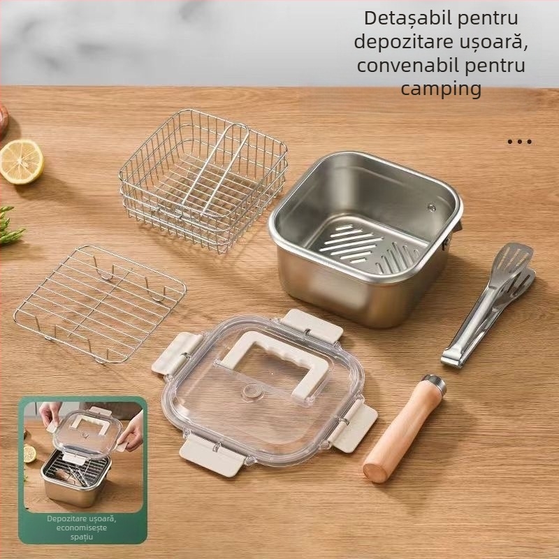 Tigaie pătrată din oțel inoxidabil, vas pentru lapte și paste, vas portabil pentru tempura, ustensilă de bucătărie multifuncțională
